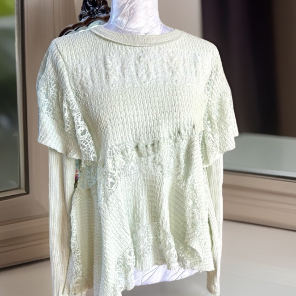 Free People Lace Knit Ruffle Top - Light Green